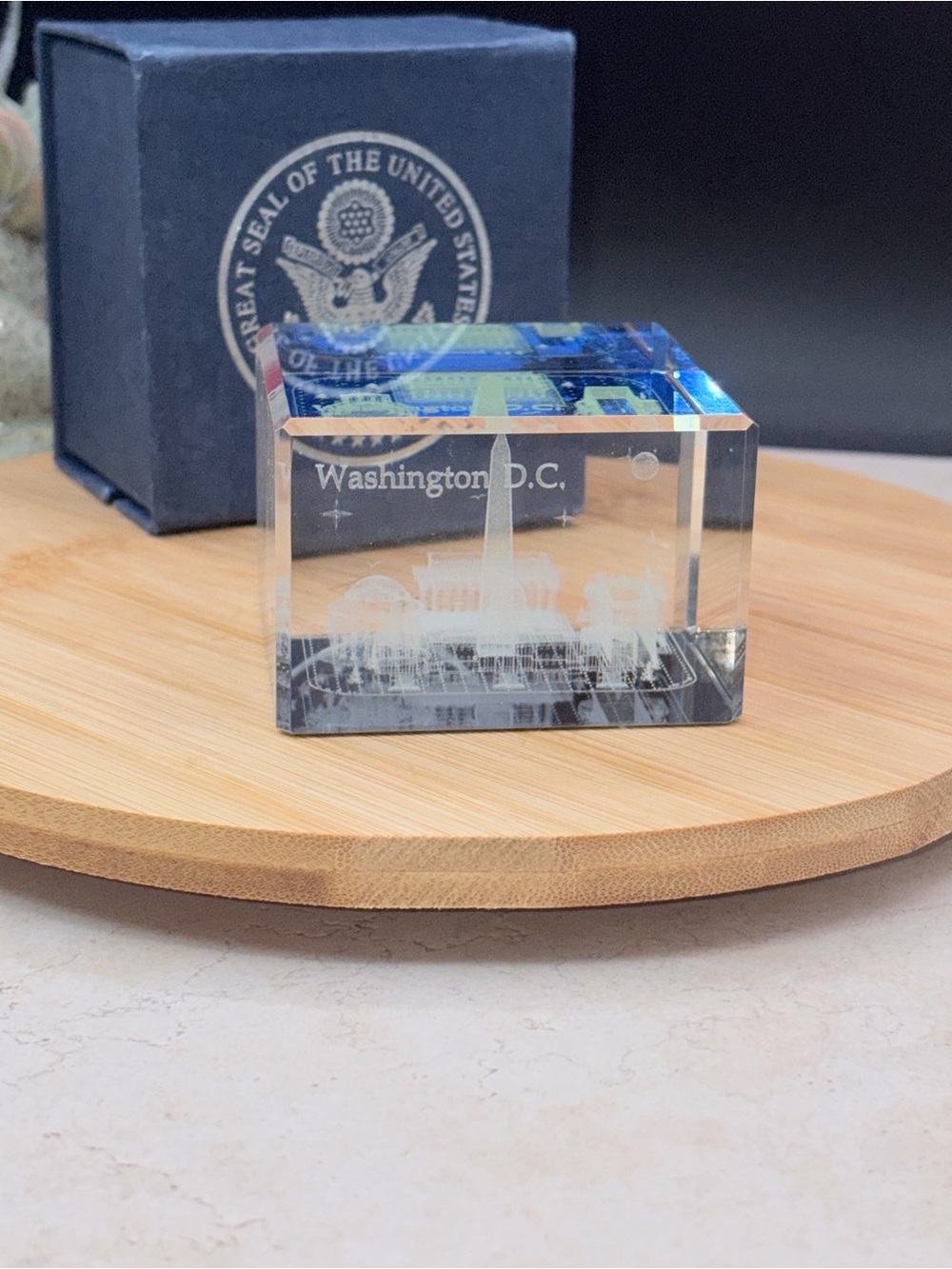 1990s Vintage Dichroic Washington DC 3D Laser Etched Paperweight W Box Monuments